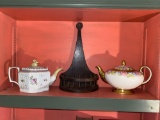 Sadler teapot, primitive wall shelf, teapot w/ swan finial.