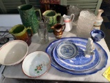 Majolica pitchers, old pattern glass bowls, platters, Orienta jewel box. Damage on most pieces.