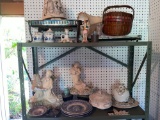 Plates, sewing basket, plaster angels, old milk glass, etc.