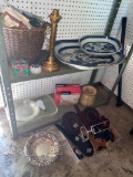 Brass candle holder, damaged Oriental platters, etc.