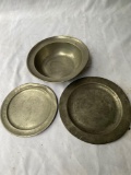 Pewter bowl & (2) pewter plates.