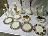 Old milk glass bottles, vases, Bristol glass vase, plates.