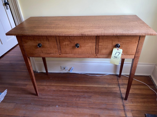 David T. Smith ((Morrow OH.) Tiger maple Hepplewhite style 3-drawer table.