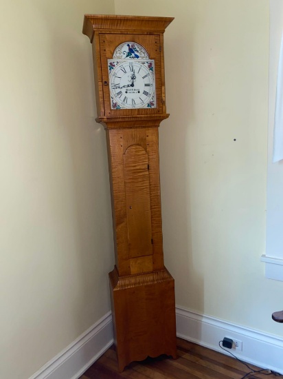 David T. Smith custom made Tiger maple grandfather clock, 84" tall x 19" wide.