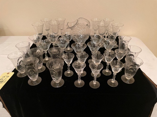 37 Pieces of Cambridge Capri Clear Glass, Pitcher and Stemware