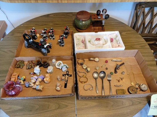Figurines, smoking pipes, watches, jewelry, silverplate, china