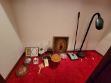 Religious items, sweeper, lamp, stool, oil lamps, sewing items, glass dishes