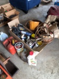 Bushel baskets, oils, gas can