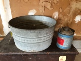 Galvanized washtub, oil can