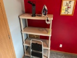 Plastic shelf, iron, light and step stool