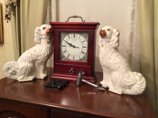 Danbury clock, dog figurines and early lock