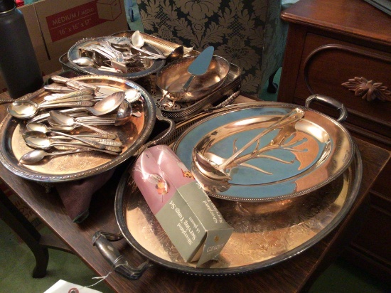 Assorted silver plate items.