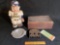 Illinois Watch Co. wooden box, Sam's Place ashtray, unused Disney World tickets