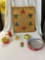 Chinese Checkers No. 4180, Halloween Noise Maker, Chicken Bank, Sand Sifter