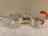 Glassware, teapot, syrup dispenser, Saki bottle, Fire King dish.