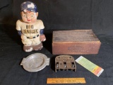 Illinois Watch Co. wooden box, Sam's Place ashtray, unused Disney World tickets