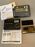 Tascam DP-006 digital multitrack recorder, Korg rhythm, Klio metropitch digital tuner metronome.