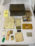 Metal Sewing Box, Early Paper Sewing Items, Needles, Advertising