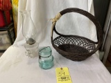 Atlas Wire Top Jar, Finger Oil Lamp, Basket