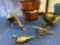 Brass geese, duck, cannon, wooden bucket.