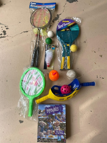 Badminton & yard tennis, lacrosse items, picture puzzle.