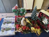 Christmas decor incl. Singing Frig Duet, wreaths, lights, snowman figure.