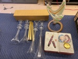 (5) Matching candle holders, art glass vase, Eternal Love tin.