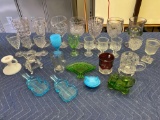 Pattern glass goblets, candle holders, Dagenhart hen on nest, violin & coach ashtrays, etc.