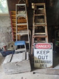 Assorted Stepladders, Sign, Wood Crate