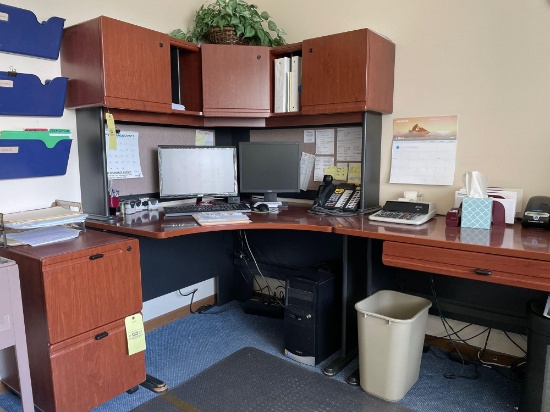 Late model Large office desk with overhead storage.