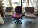 Coat rack. Office chair. Two waiting room chairs.