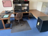 L-shape office desk. Chair. File cabinet. Chair pad.