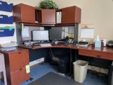 Late model Large office desk with overhead storage.