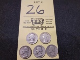 (5) Washington Silver Quarters