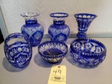 Blue Cut Glass Vases and Bowls
