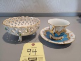 Schierholz Floral Footed Dish, Meissen Teacup and Saucer