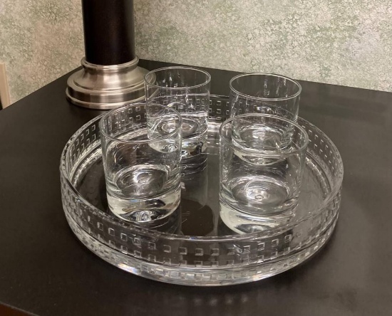 Custom engraved crystal bar tray and rock glasses