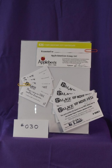 4 VIP movie passes and 4 popcorn vouchers along with a $25 gift certificate for Applebee's
