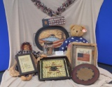 Americana basket: stuffed bear, Raggedy Ann doll, a festive garland, serving tray