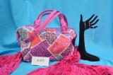 Vera Bradley Hadley Satchel in Modern Medley, pink fringed scarf