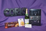 Giant Eagle gift card, sparkling grape juice, 5 piece wine accessories, cork holder art, and a