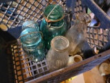 Milk bottles, blue jars