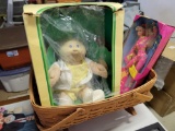 Cabbage patch kid, barbie, basket