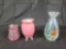 Pink satin vase, applied art glase vase, clear/opalescent vase hand painted 7 inches tall