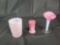 Pink slag tumbler, small vase and cup