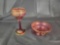 Cranberry moser goblet and enameled bowl