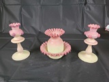 Burmese fairy lamp and pair of matching candlesticks 6 inches tall