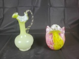 End of day vase, applied handle art glass pitcher 9 inches tall