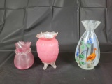 Pink satin vase, applied art glase vase, clear/opalescent vase hand painted 7 inches tall