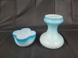 Blue opalescent vase 6 inches and bowl